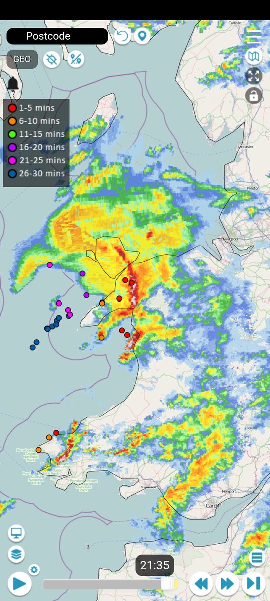 NickJF75's tweet image. Nasty cluster of #thunderstorms moving in across north Wales off the Irish Sea, hard to believe it's late December with such an active area of #Lightning - potential for damaging wind gusts and a tornado as this feature continues to move NE