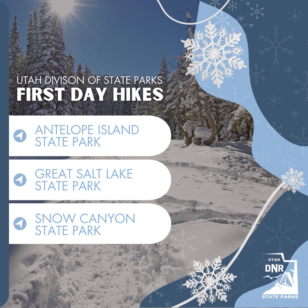 🎉 Embrace the adventure of the new year with a “First Day Hike” at Antelope Island, Great Salt Lake, or Snow Canyon State Park! Discover more about these hikes and other festive events: stateparks.utah.gov/2023/11/20/hol… Your first adventure of the new year starts here! 🎉