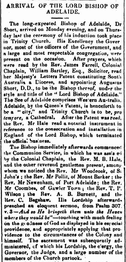 AustAnglican's tweet photo. 28 December 1847: the Rt Revd Augustus Short (1802-1883) enthroned in Holy Trinity North Terrace (which thus briefly became Pro-Cathedral) as first Bishop of #Adelaide. #anglican #176years It was an intensely hot day. The Letters Patent were read, making Adelaide a city. https://t.co/90eqhsHcQ6