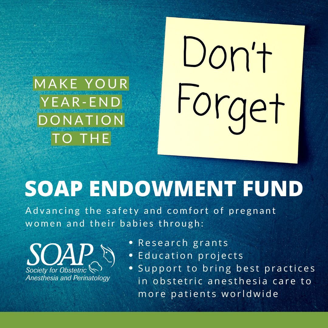 Donate to the SOAP Endowment Fund! Your tax-deductible donation to the SOAP Endowment Fund supports research, education, and projects to improve obstetric anesthesia care around the world. buff.ly/3HjLNqX #soap #ObAnes