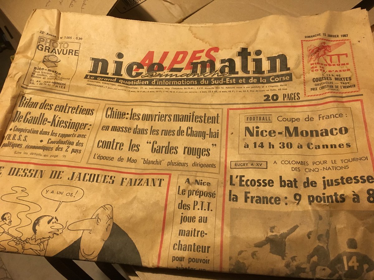 Vos quotidiens @Var_Matin et @Nice_Matin publient ce jeudi les meilleurs dessins de @fdeligne qui croque l'actu au fil des semaines. En 1967, c'est Jacques Faizant qui se pliait à l'exercice, comme en atteste cette édition Alpes achetée à Digne, dont la parution a cessé en 2000