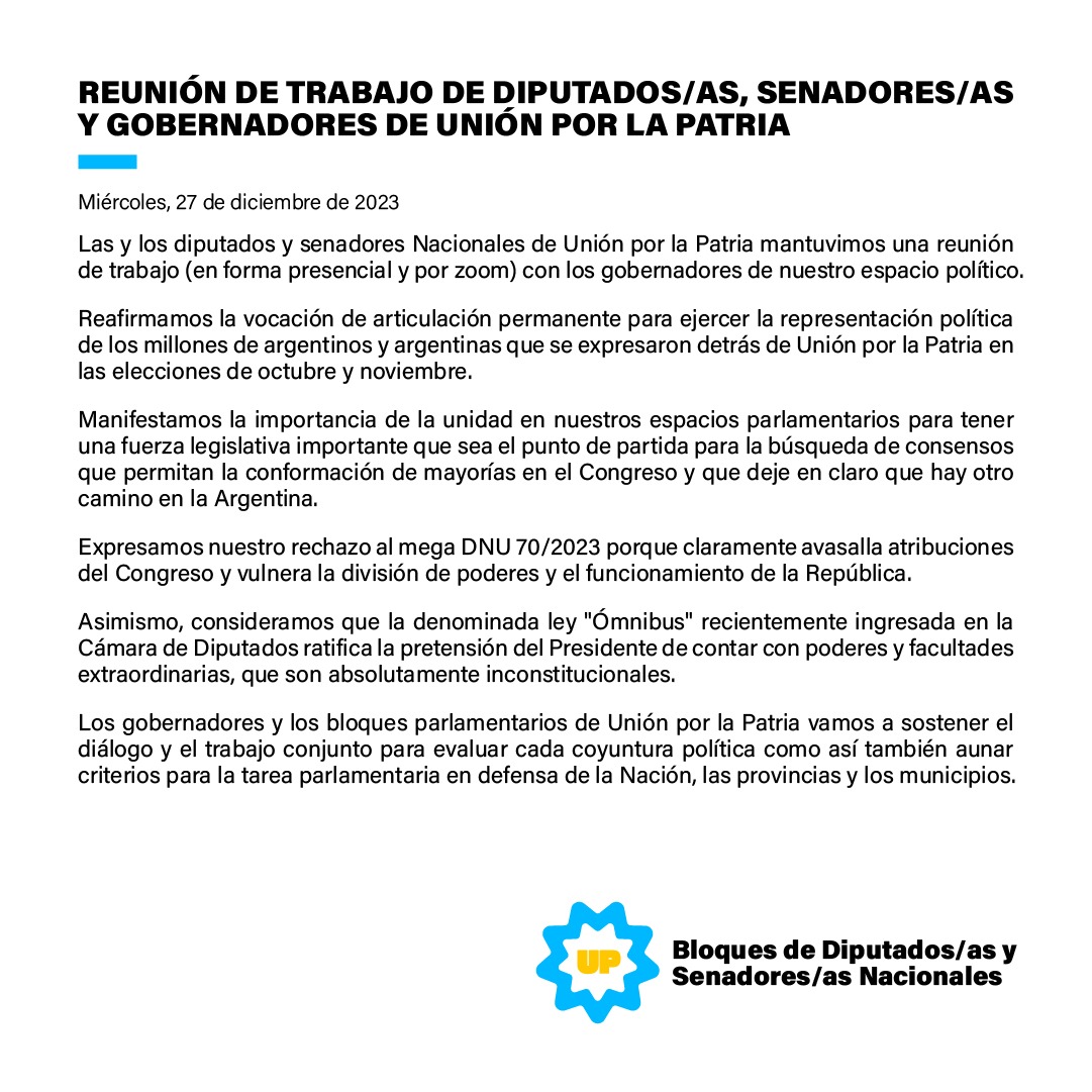 📄 #COMUNICADO de Diputados/as y Senadores/as Nacionales de <a href="/unionxlapatria/">Unión por la Patria 🇦🇷</a>.