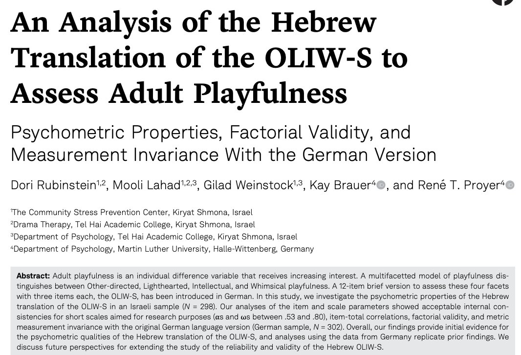 ReneProyer's tweet image. Here's our latest paper (w/ @Ka_Brau) on the assessment of playfulness with a Hebrew version of the OLIW-questionnaire. Available open access here: econtent.hogrefe.com/doi/10.1027/26…