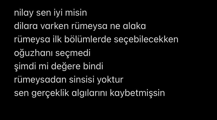 Nilay’ın RümOğ etiketiyle attığı eski bir tweeti başka bir kullanıcı rt’lediği için yeni zannedip yanlışlıkla yorum attım ve beni engelledi ne gerek vardı? yorum kabaca şuydu
#kismetseolur #dilhan #busmer #oğnih #gizfer #ilgör #dilarapusa #oğuzhançengel @kismetseolurag