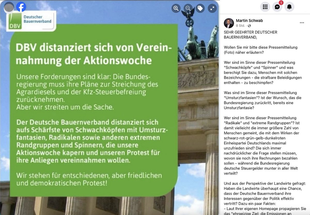 #MartinSchwab, Prof. der @uniBielefeld, flankiert rechte Vorbereitungen, im Januar Bauern-Demos zu kapern. Mit 3.032 Zeichen wettert er gegen den Bauernverband, der 'sich aufs Schärfste von Schwachköpfen mit Umsturzfantasien' distanziert, 'die unsere Aktionswoche kapern' wollen.