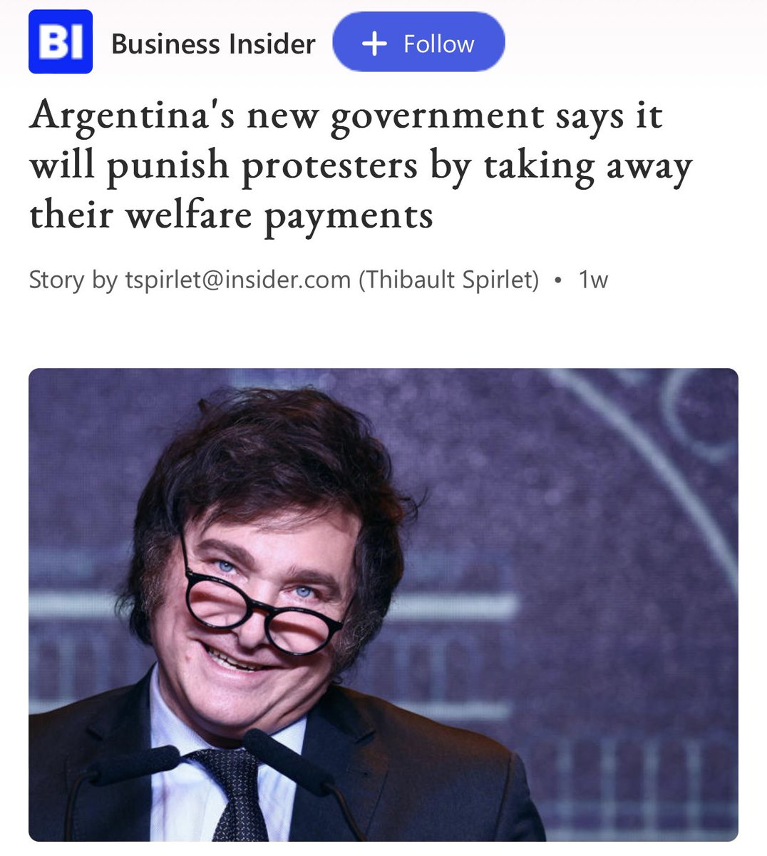 Javier Milei said he will cut welfare payments from protesters who block streets.

If we did this in America, the climate cultists would stop glueing themselves to roads and there would be no more anti-Israel protestors blocking streets, bridges, and airports.

These extremists