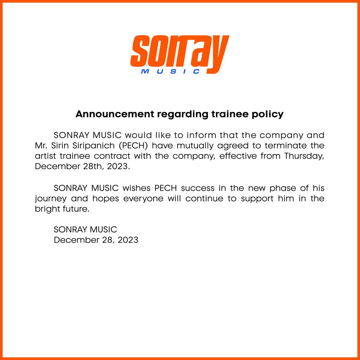 sonraymusic's tweet photo. ประกาศเกี่ยวกับศิลปินฝึกหัด 
-
Announcement regarding trainee policy

#PECHsirin
#789TRAINEE
#SONRAYMUSIC https://t.co/4S91LuRcRH