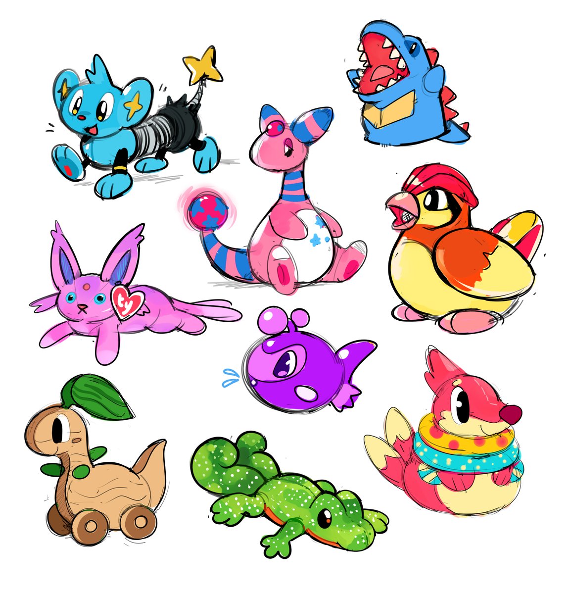 Some toy pokemon doodles I worked on a while ago (including the rough draft of my slinky shinx I uploaded earlier this year)