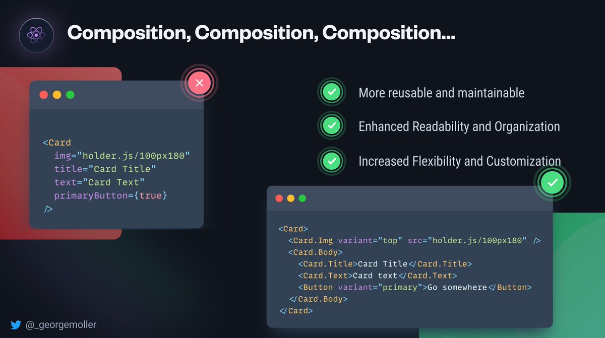 _georgemoller's tweet photo. ⚛️ Composition is king in React world  👇 https://t.co/eLcJEtvoHS