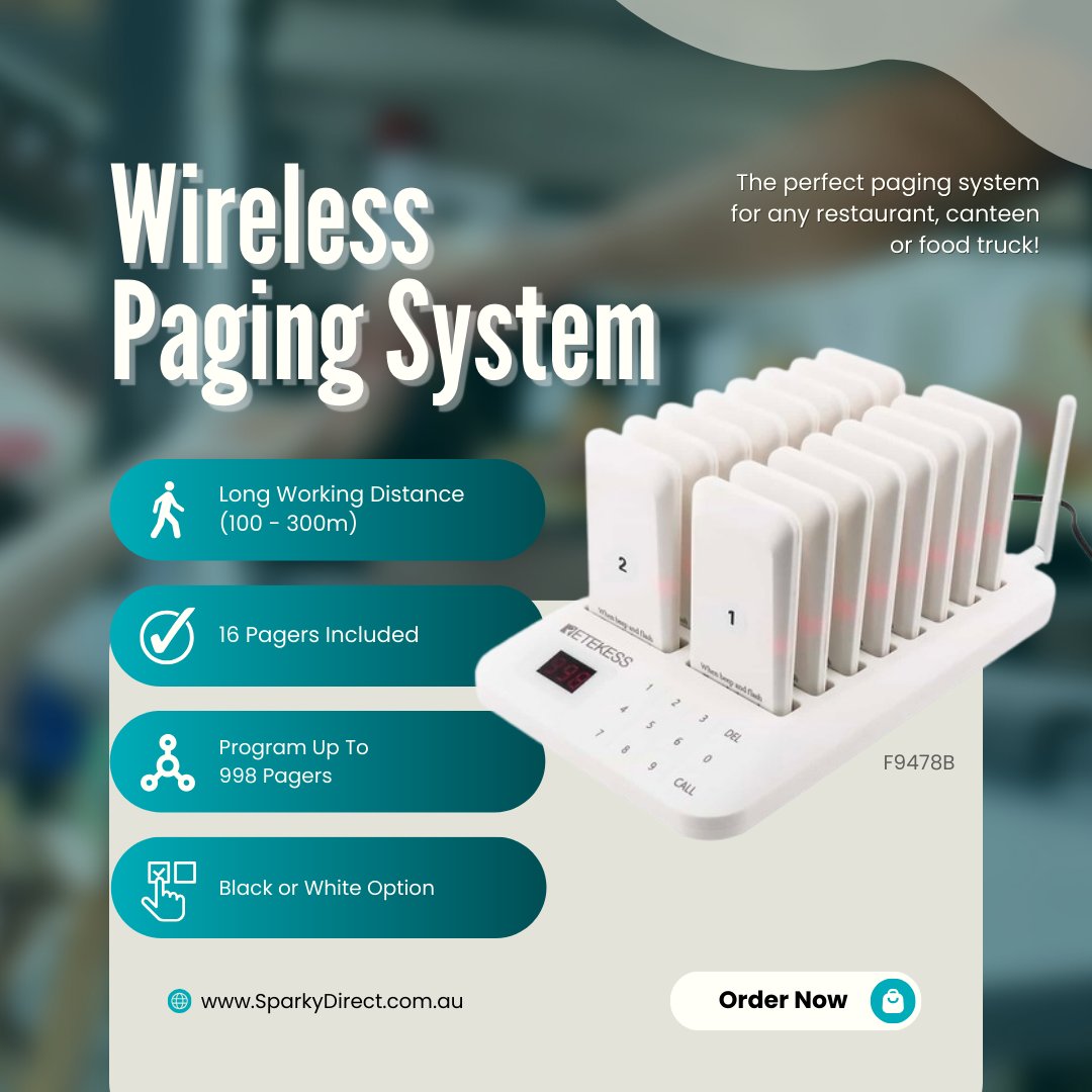 Sparkydirect's tweet image. 🍽️🚚 Elevate Your Food Service with the TD157 Paging System! 🚀📢
🔗 Elevate Your Store: sparkydirect.com.au/Wireless-Pagin… 🔥

Key Features:
- 16 Pagers ⭐️
- Up to 100-300m Walking Distance🚶‍♂️🌐
- 20 Hours Standby Time 🔋🍔

#SparkyDirect #Restaurant #FoodService #WirelessPaging #Food