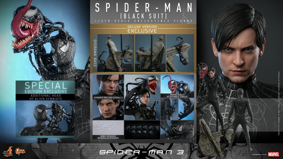 #HotToys 1/6th scale #SpiderMan #BlackSuit figure from #SpiderMan3 is available for pre-order now! bit.ly/HTSpiderManBla…