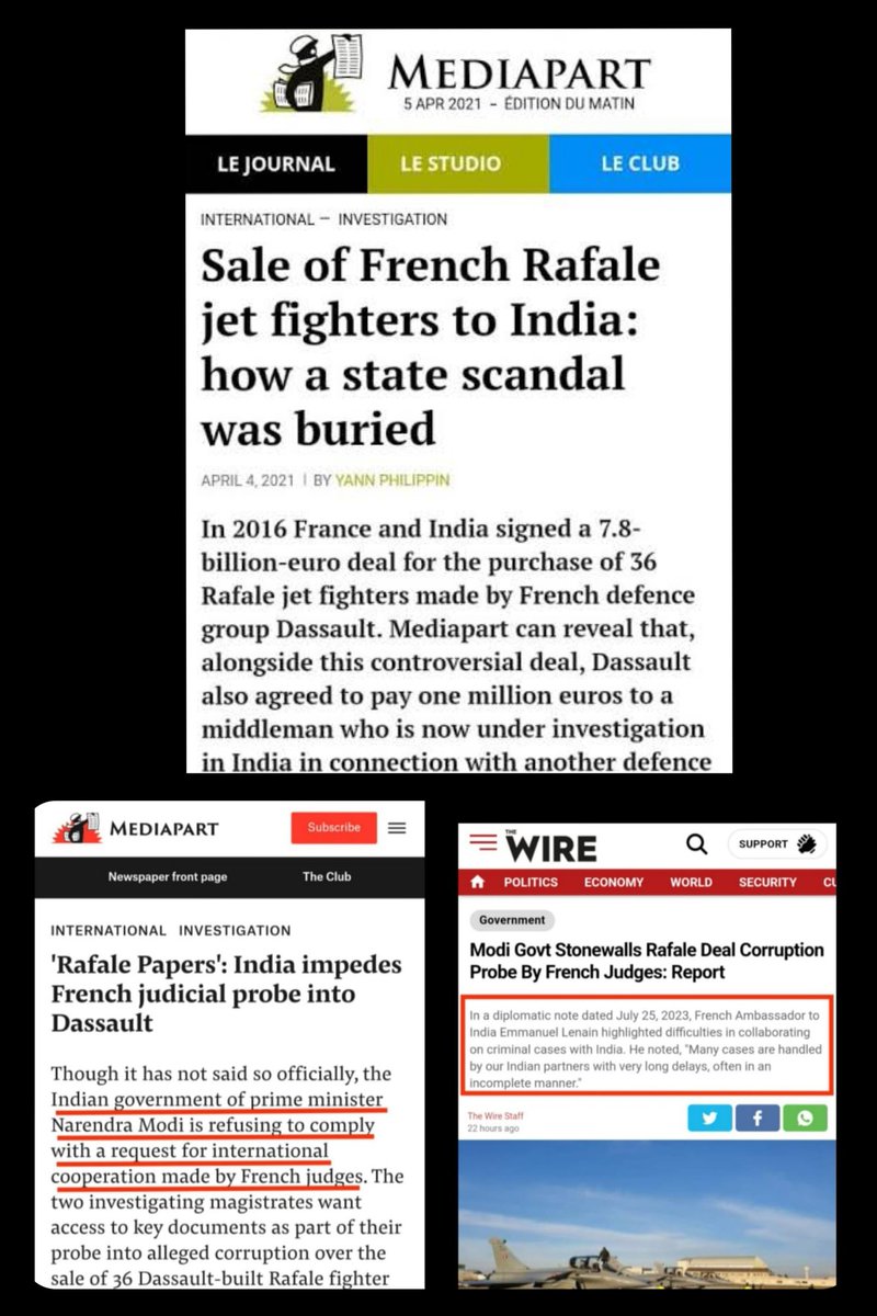 tanmoyofc's tweet photo. Rafale Scam Through Mediapart' Lens
- The Mediapart report claims that Dassault Aviation, the maker of Rafale jets, paid at least €12.8 million (₹ 110 crore) in bribes to a middleman, #SushenGupta, who had access to confidential documents from the Indian defence ministry and helped the French side negotiate a higher price for the Rafale jets.
- The report also alleges that the Indian Investigation Agencies, #CBI and #ED, had proof of the kickbacks paid by Dassault to Gupta since 2018, but decided not to pursue the affair and did not begin an investigation.
- The report says that the bribes were paid through offshore accounts and shell companies, using inflated invoices for software consulting and replica models of Rafale jets.
- The report also claims that the deal involved the removal of a key anti-corruption clause that required Dassault to disclose the details of its offset partners in India, and that Anil Ambani's Flag Atlantic France was granted a €144-million tax reduction as the Rafale deal was being worked out during 2015.
- The report suggests that these changes were influenced by the secret commissions paid by Dassault to Gupta after Modi's France visit in 2015, when he announced a new deal to buy 36 Rafale jets in fly-away condition from France, scrapping the previous deal for 126 jets that involved a transfer of technology and local production by HAL.
- The report also cites a previous investigation by Mediapart that revealed that a French anti-corruption agency had raised red flags over a suspicious payment made by Dassault to an Indian defence company in 2017-18, which was allegedly a "bogus purchase" or one that was designed to conceal a middleman payment.
- The report has also triggered a judicial investigation in #France into allegations of corruption, influence peddling and favouritism in the Rafale deal, following a complaint by an anti-corruption NGO.
- India paid extra per jet from the earlier deal because the new deal increased the price of the Rafale jets from €5.2 billion (₹ 42,000 crore) to €7.87 billion (₹ 58,891 crore), without any explanation or justification.
- India also paid extra per jet because the new deal did not include any transfer of technology, which would have reduced the cost and created jobs in India.
- India also paid extra per jet because the new deal did not have any sovereign guarantee or bank guarantee from France, which would have ensured the delivery and performance of the Rafale jets .
Source: https://t.co/gexAaaBSHa.
https://t.co/lXsDdTxP1M.
https://t.co/eIWCTtM5Ky.
#RafaleScam #BharatNyayYatra #BharatJodoYatra #RahulGandhi