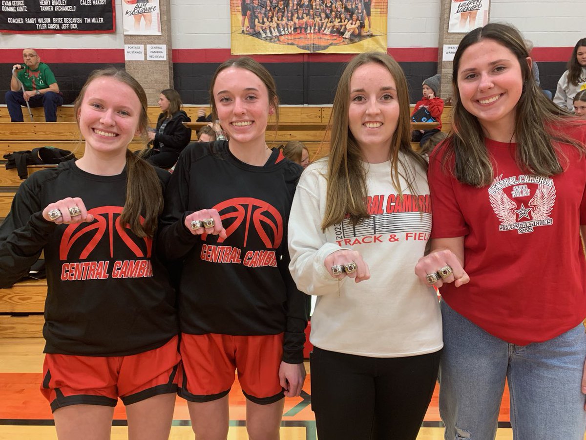 Prior to tipoff of tonight’s girls’ basketball game, the 2023 PIAA champion 4 x 800 relay team of Abigail &amp; Alaina Sheehan, Annaliese Niebauer, and Abigail George received their state champion rings.  #WeAreCC