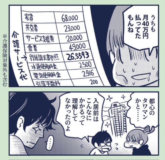 📢本日WEBちくまにて「マンガ認知症」の 「どの施設が合っているのかわからず不安です(後編)」が無料公開中! わが家の例を金額までせきららに描いております。サ高住が高いなら介護保険を使える施設に入れば良いじゃない! ……と思っていたのに!!  #マンガ認知症2 https://www.webchikuma.jp/articles/-/3356