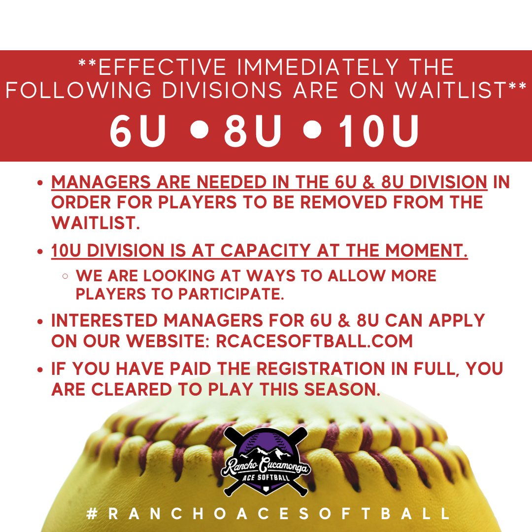 RC_ACESoftball's tweet photo. 🚨6U, 8U &amp; 10U Divisions are now Waitlist ONLY for the Spring '24 Season🚨
🚨 10U Division is at capacity at the moment. We are looking to see how to get more girls playing!🚨
🥎We still need Managers in 6 &amp; 8U! Sign up Today: https://t.co/OvGB5YlcKN https://t.co/U1qJtzml4s