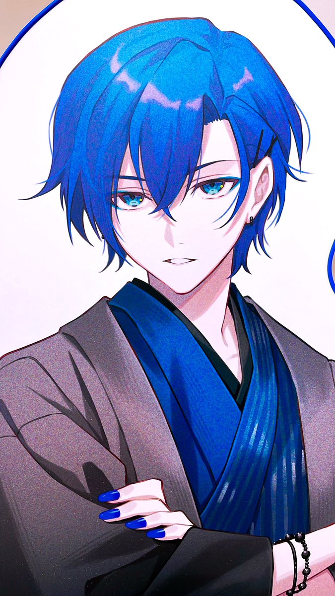 kaito (vocaloid) 1boy male focus blue hair blue nails solo blue eyes japanese clothes  illustration images