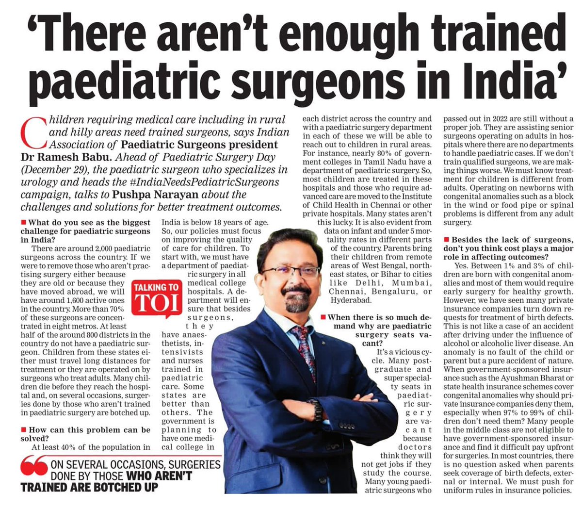 @IAPSIndia President’s interview in @TOIIndiaNews. @drrameshbabu1 Sums up the current situation of Pediatric Surgery in India. 

#IndiaNeedsPediatricSurgeons