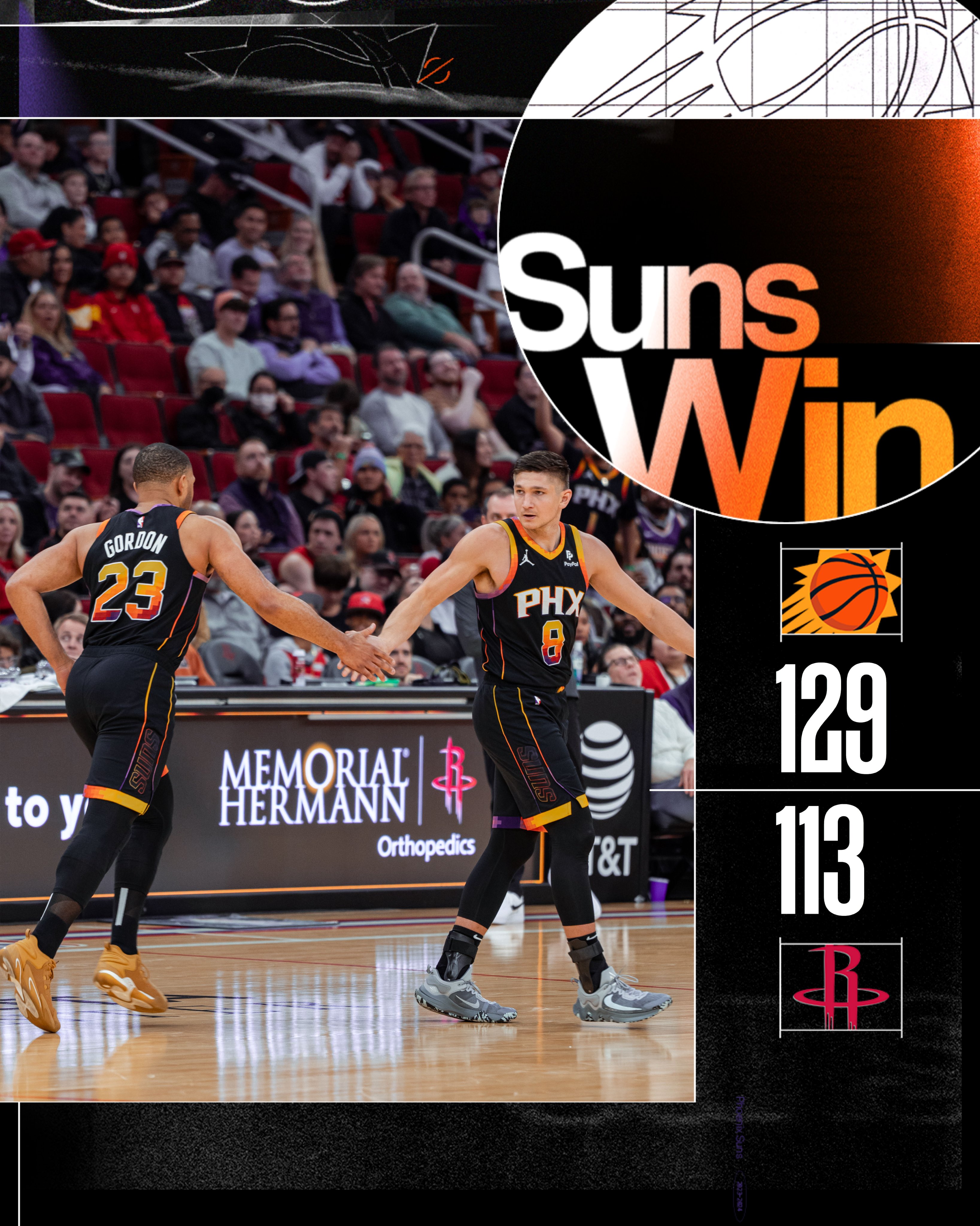Suns win. Suns 129. Rockets 113. 