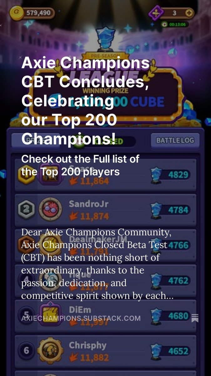 AxieChampions's tweet photo. Check out the Full list of the TOP 200 players of @AxieChampions CBT!

All rewards will be distributed after the Official launch, which will be in the Q1 2024!!

https://t.co/Wob0PYb8AM https://t.co/bhuJQ3bAPK