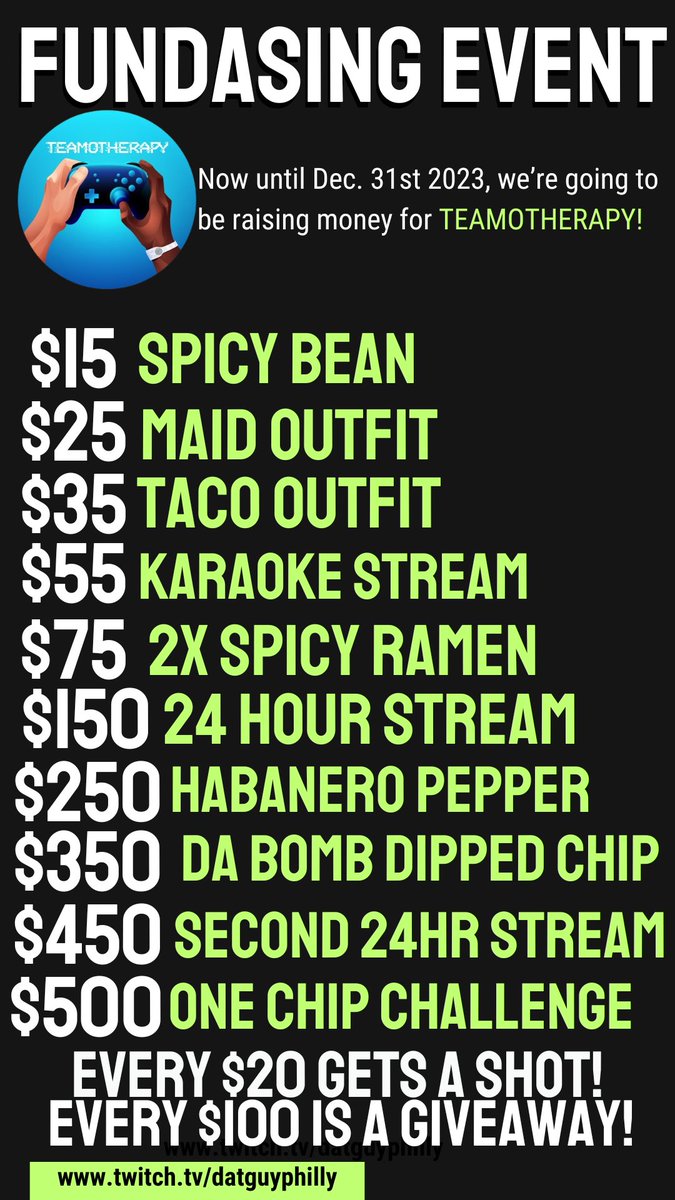 ‼️DONT FORGET‼️

We only have a few more days left to raise money for <a href="/Teamo_Therapy/">TeamoTherapy</a> ! We've hit the $175 mark, and we can def keep this going!

Tune into tonight over on Twitch around 9pm EST! 

twitch.tv/datguyphillu