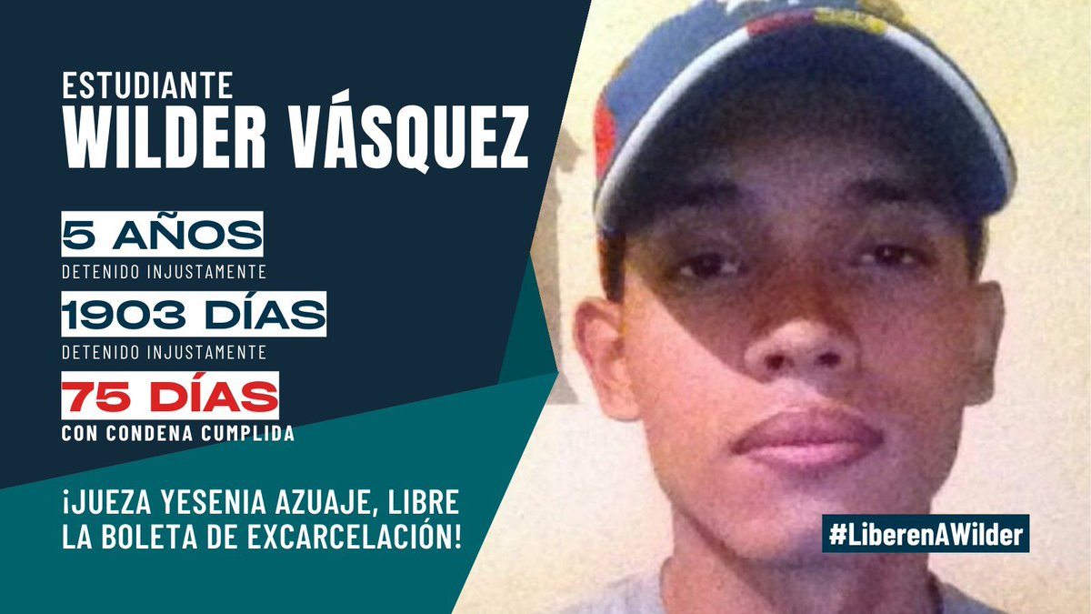 #27Dic | El estudiante Wilder Vásquez, cumple hoy 1903 días detenido injustamente en una celda de El Helicoide, y como si fuera poco, 75 días del cumplimiento de una PENA INJUSTA que le fue impuesta. ¡Jueza Yesenia Azuaje, libre la boleta de excarcelación!
#LiberenAWilder