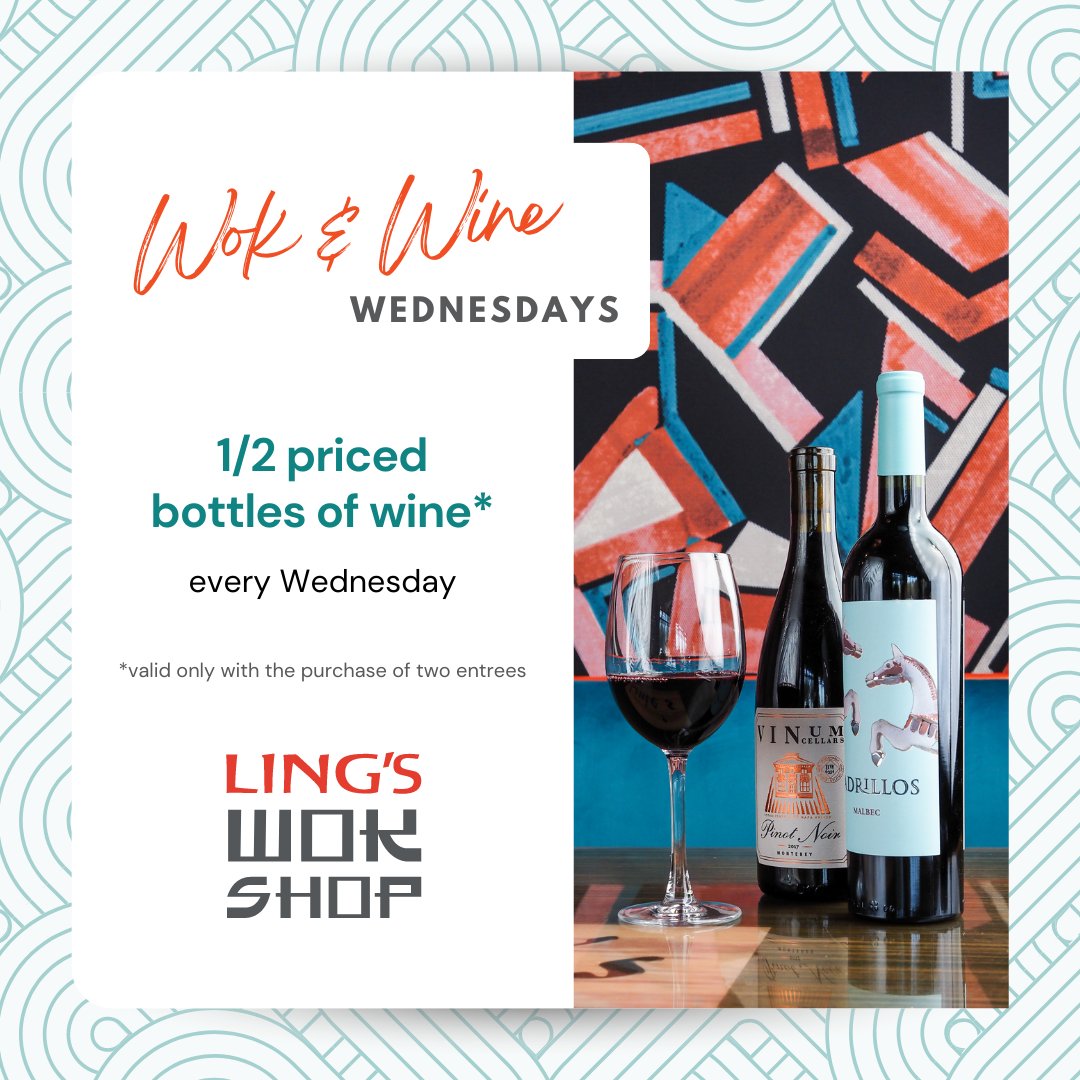 LingsWokShop's tweet photo. Wine not enjoy a midweek treat? 🍷 Today's the last day to take advantage of our Wok &amp; Wine Wednesdays! 

#LingsWokShop #WokStar #Restaurant #AsianFood #AsianFusion #Scottsdale #Arizona #AZ #WokAndWineWednesday https://t.co/ULNWDrNfl9
