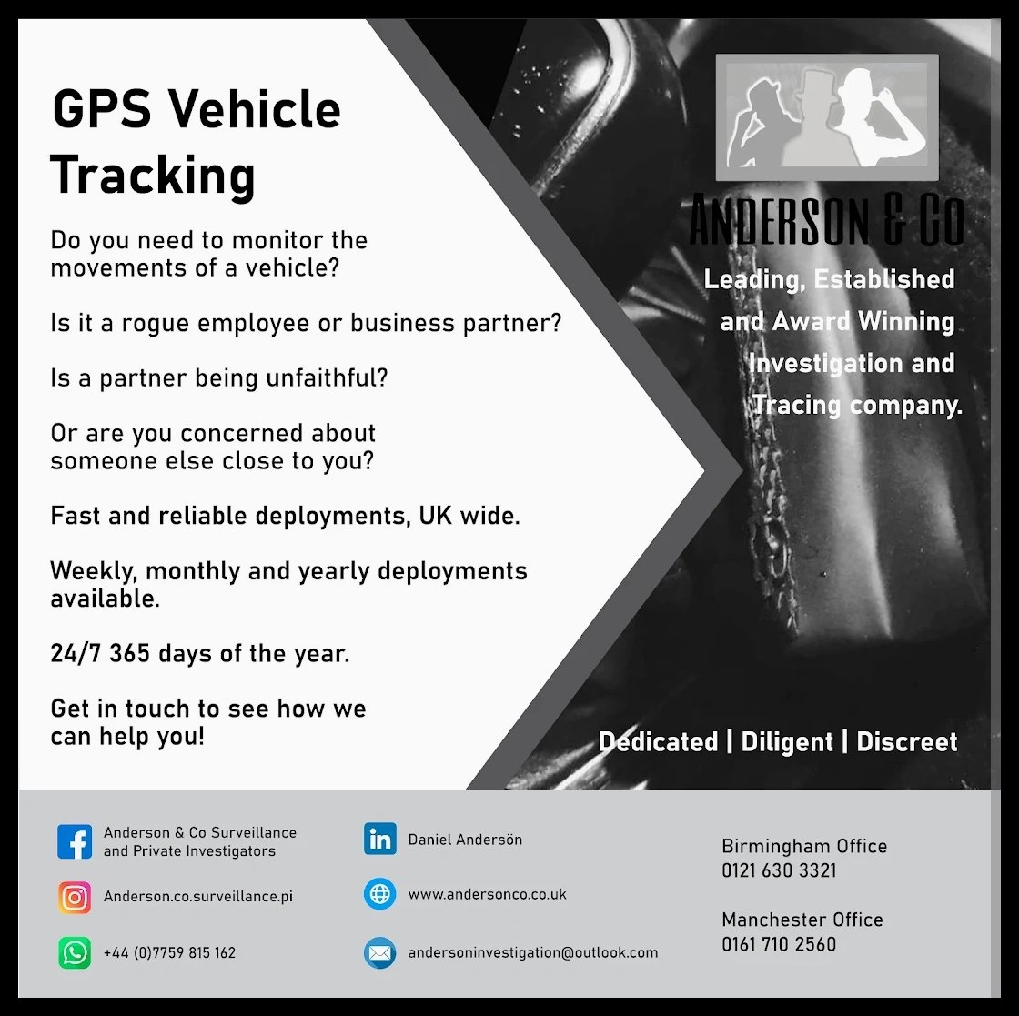 <a href="/AndersonPrivate/">Anderson & Co Surveillance & Private investigators</a> Do you need to monitor the movements of a vehicle?

Weekly, monthly, and yearly deployments available.

#Privateinvestigator #gps #tracking #Birming­ham #London #Manchester