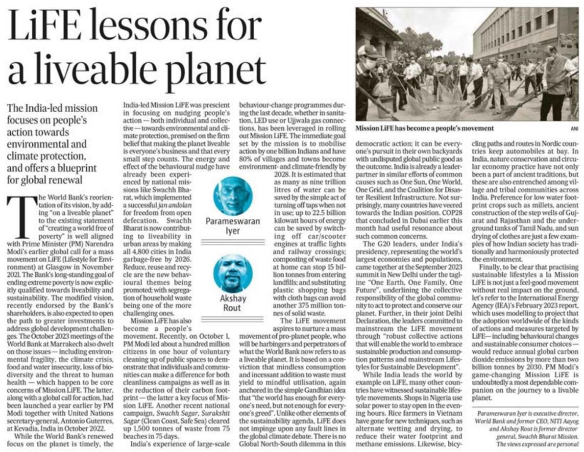 Our joint oped in the Hindustan Times today on PM @narendramodi ‘s Mission LIFE and how the @worldbank’s updated vision and mission, incorporating a livable planet, builds on LIFE’s central message. @akshaykrout @htTweets