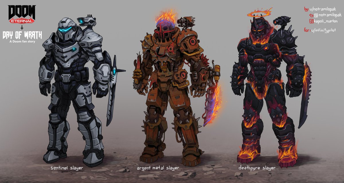 Mine will have to be this, #Doomguy in 3 original skins for my #Doom fanfic #DayOfWrath!

Well, two, cuz my boi @emersontung kinda made the last one 😅
#doomslayer #doom2016 #doometernal #heavymetal #argentmetal #legionofthedamned #nightsentinel #knight #templar #armor