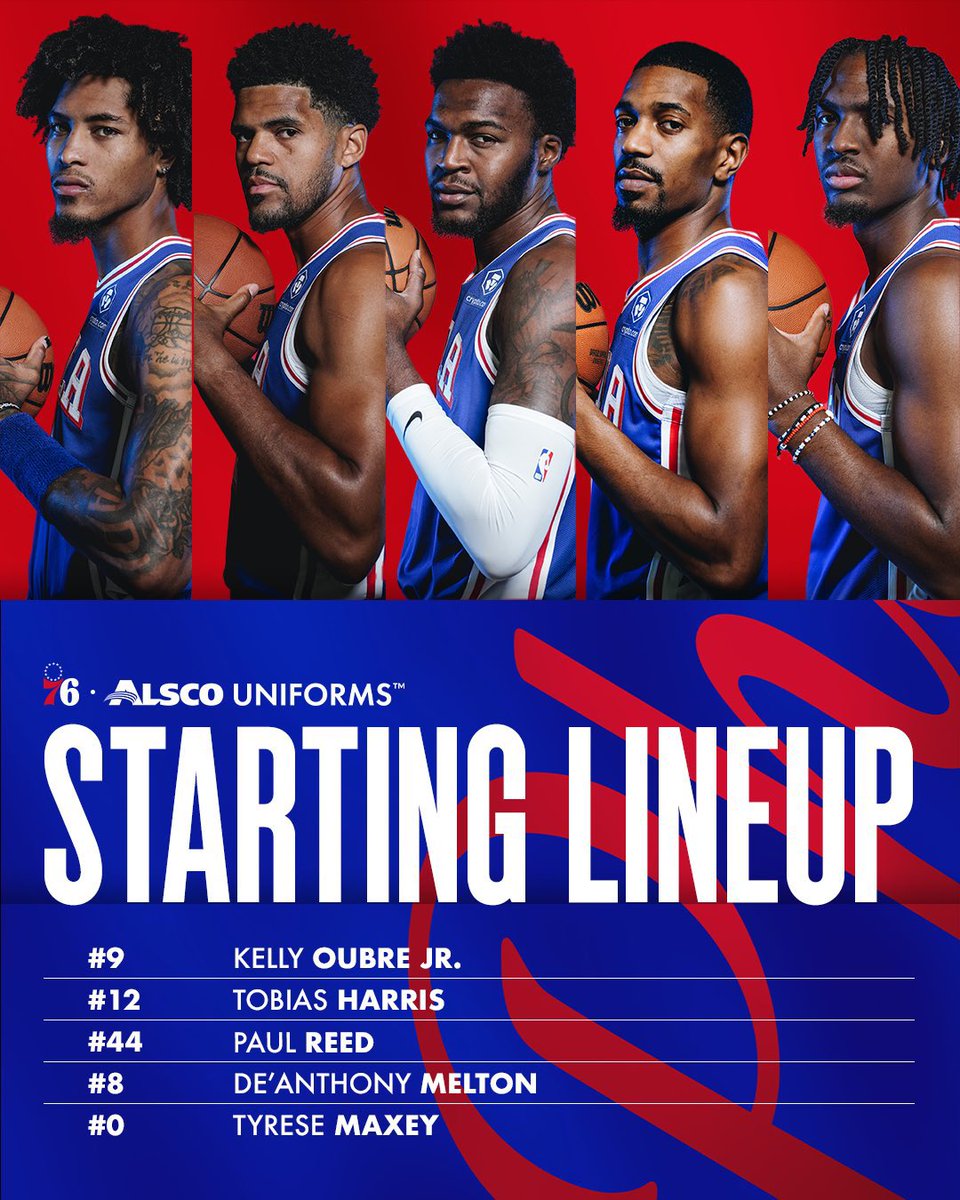 sixers's tweet photo. tonight's starting five: 

🔔 @KELLYOUBREJR 
🔔 @tobias31 
🔔 @Bball_paul 
🔔 @DeAnthonyMelton 
🔔 @TyreseMaxey 

@alscouniforms https://t.co/N96tbDkuGR