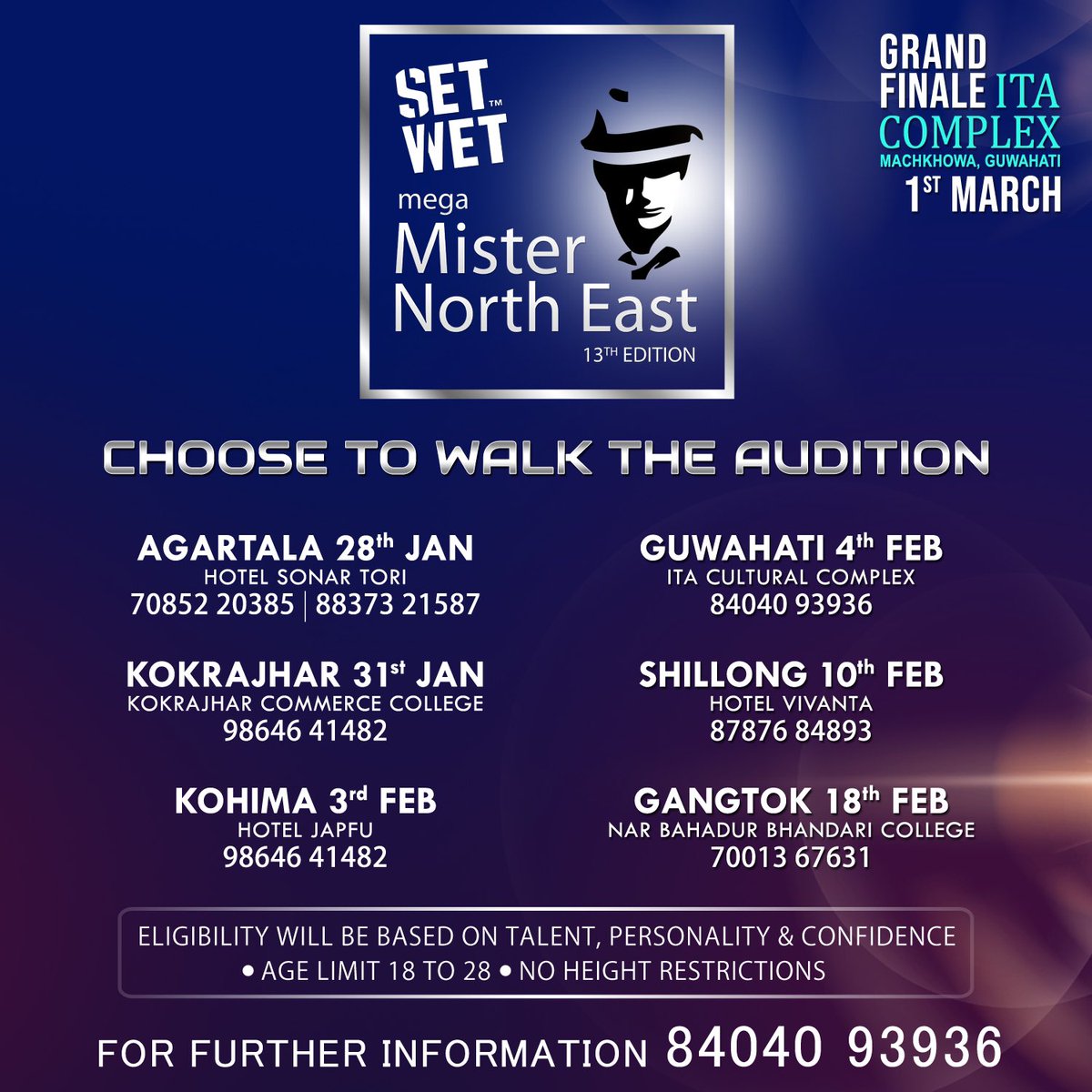 Mark Your Calendar || Important Dates For Set Wet Mega Mister North East 13th Edition || Choose To Walk The Auditions 

For Queries +918404093936

Title Sponsor : <a href="/SetWetIndia/">Set Wet</a> 

Event : 13th <a href="/MegaMisterNE/">Mega Mister North East</a> 

Org : <a href="/MegaEntOfficial/">Mega Entertainment</a>

#SetWet #MegaMisterNorthEast #SetYourVibe😎