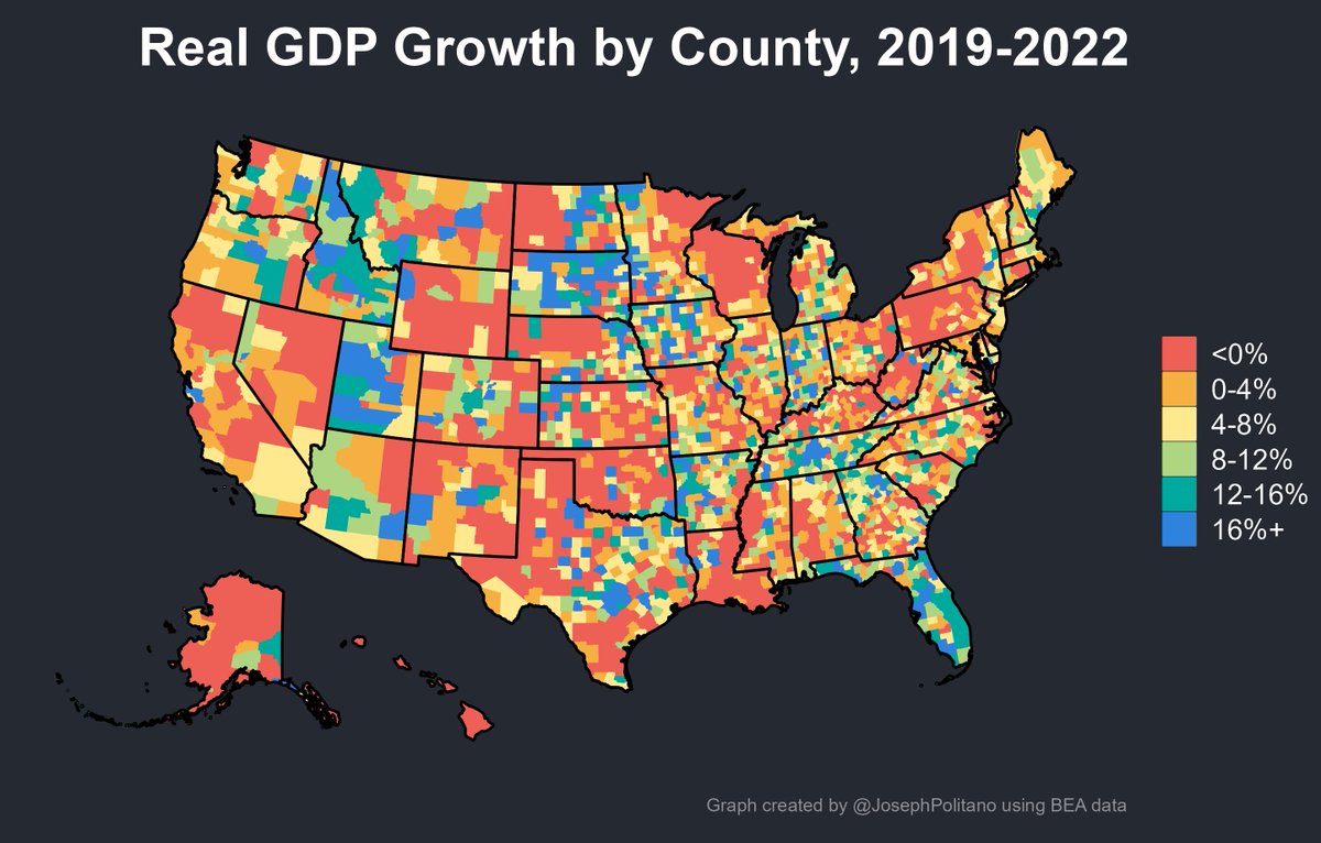 Here's real GDP growth by county since the pandemic—I love how clearly you can see the strong growth spread all across Florida, Idaho, and Utah, plus the booms in the metro areas around Nashville, Austin, Atlanta, and the Bay Area.