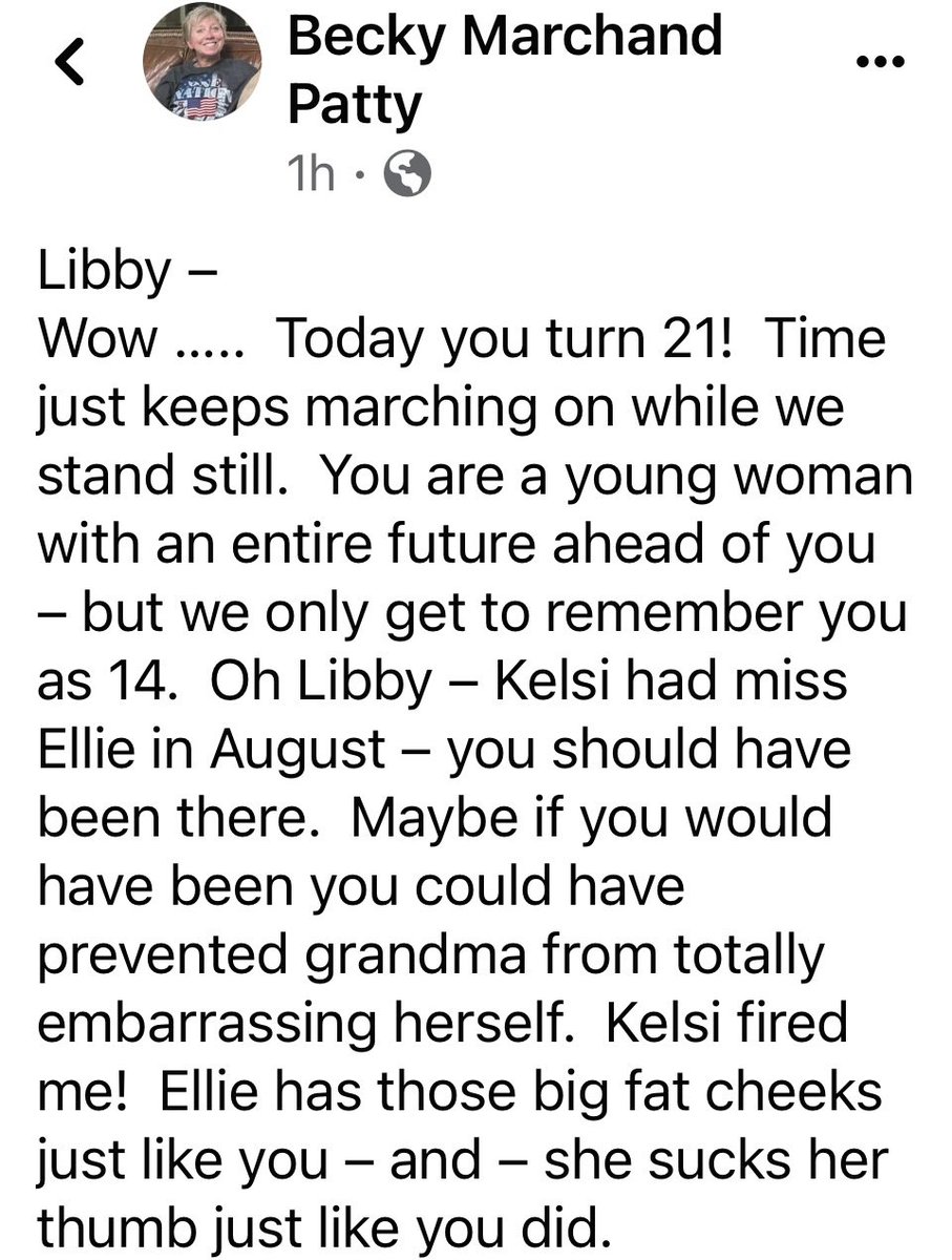 SusanHendricks's tweet image. Today Liberty German would have turned 21. Her grandmother Becky posted this heartfelt message to Libby 💜🩵#abbyandlibby #Delphi 1/4