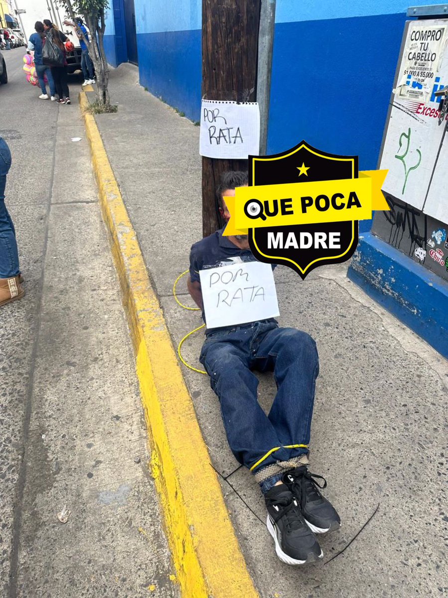 QuePocaMadreMex's tweet photo. RATA EXHIBIDA🐀🚨⚠️  🟡Un presunto #ladrón fue detenido por un grupo de ciudadanos molestos, quienes lo g0lpearon y lo amarraron a un poste, después le colocaron un letrero; el sujeto aparentemente #robaba negocios en #Guadalajara, #Jalisco. https://t.co/UitnzHeySF