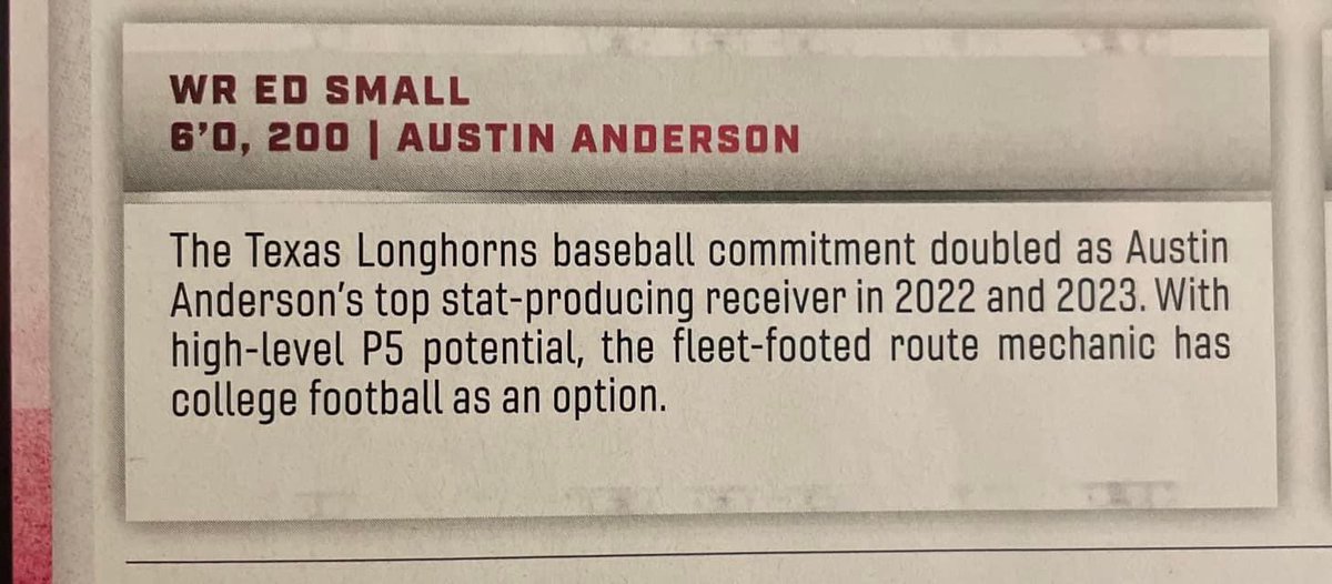We are honored to have a player included in the “2025 Top 100” list in the new <a href="/dctf/">Dave Campbell's — TexasFootball.com</a> recruiting guide which recognizes the best juniors in the state. Congratulations to wide receiver <a href="/edsmall18_tx/">Ed Small</a> for this well earned recognition.