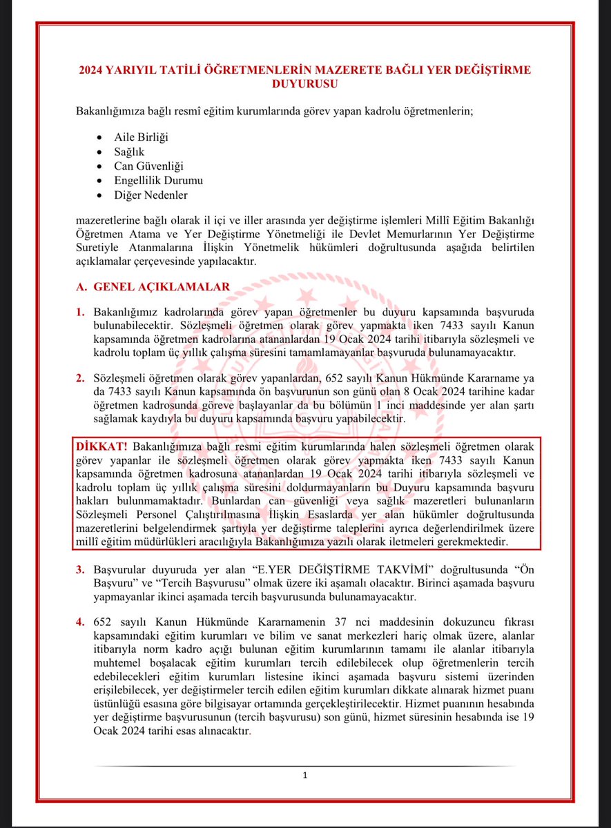 MEB, büyük bir umutla beklenen; “2024 Öğretmenlerin Mazerete Bağlı Yer Değiştirme İşlemine İlişkin Duyuru”yu yayınladı. 

Ancak; 1 yıl önce kadroya geçen Sözleşmeli Öğretmenlerimize verilen ‘aile bütünlüğünün sağlanacağı yönündeki sözün” klavuzu yansımayıp sözde kaldığı görüldü,