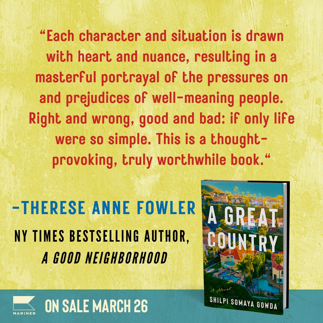 ShilpiGowda's tweet photo. Many thanks to the wonderful novelist @ThereseFowler for her early praise of #AGreatCountry, just a few months away from its arrival in the world (3/26/24). https://t.co/YpTQ0CscMs