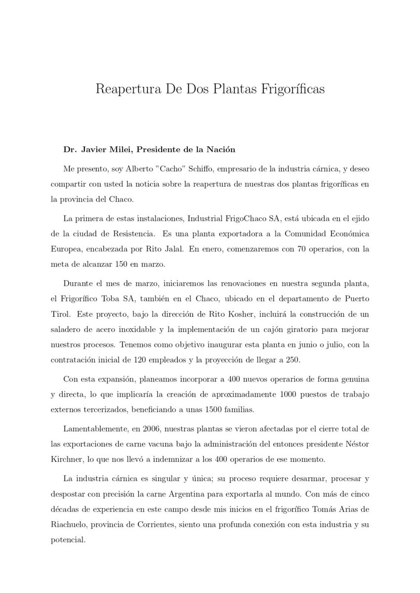 CachoSchiffo's tweet photo. Carta abierta al presidente @JMilei 

Reapertura de Dos Plantas Frigorificas https://t.co/RChj3d2QHy