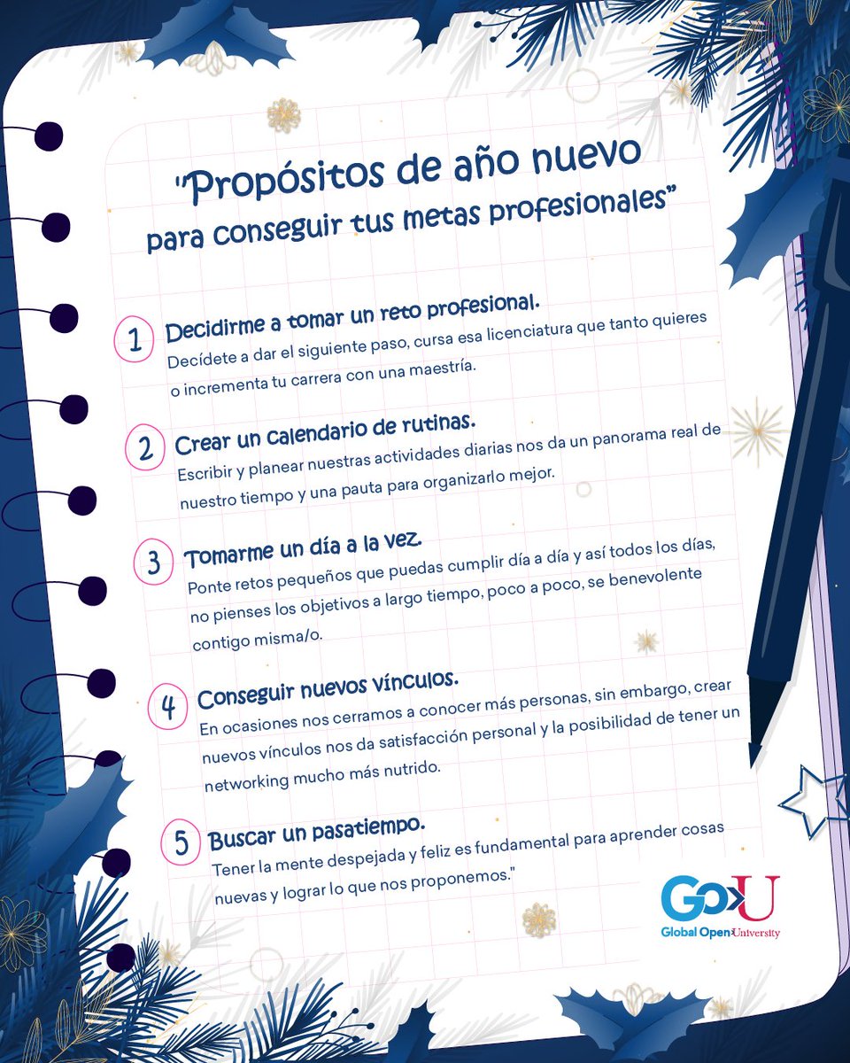 GOU_Mx's tweet photo. ¡Planea tu éxito para el 2024! 🎉🍾
Te mencionamos algunos propósitos que te harán conseguir tus metas este año y en GOU te ayudamos a conseguirlos. 🤓💻
#propositos #metas #objetivos #2024 #añonuevo #maestria #crecimiento #carrera https://t.co/Yu4OwZIpPI