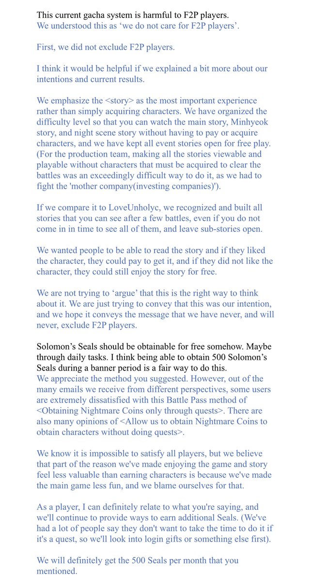 WHB_Updates's tweet photo. Prettybusy’s response to my email regarding Solomon’s Seals, F2P’s ability to obtain limited L characters, and general questions/concerns from the playerbase.

If the text is blue that means it’s written by Prettybusy. (1/2)

#WHB #whatinhellisbad https://t.co/eMkPJk9sbK