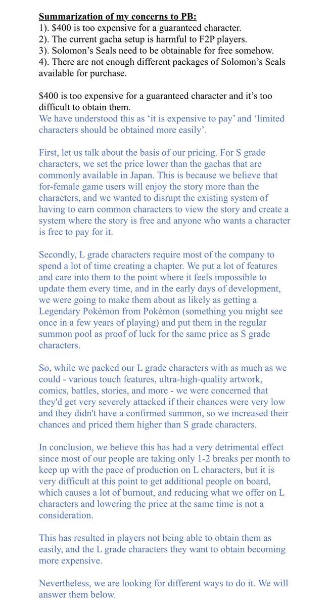 WHB_Updates's tweet photo. Prettybusy’s response to my email regarding Solomon’s Seals, F2P’s ability to obtain limited L characters, and general questions/concerns from the playerbase.

If the text is blue that means it’s written by Prettybusy. (1/2)

#WHB #whatinhellisbad https://t.co/eMkPJk9sbK
