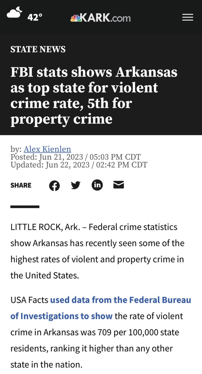 Arkansas tops the country in violent crime after nine consecutive years of GOP leadership, debunking Governor Sanders’ claim that she’s not willing to accept the “woke left’s status quo.” 🤦🏻‍♂️