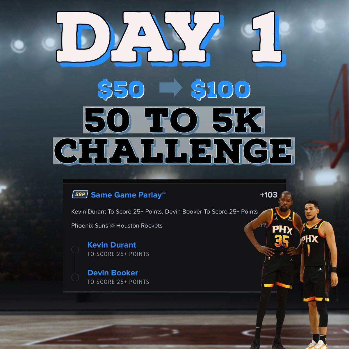 5to5kchallenge's tweet photo. 💰🏀50 TO 5K CHALLENGE DAY 1🏀💰

Today we turn $50->$100+💰

LETS GOOO ✅✅

#GambingTwitter #GamblingX #fanduel #nba https://t.co/A8kBQYv1bE