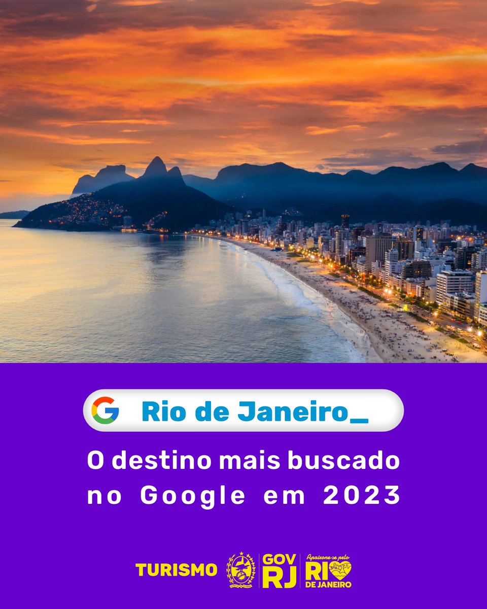TurismoRJ's tweet photo. O Rio de Janeiro foi o destino turístico mais buscado no @Google em 2023! 🔎Ao longo deste ano, a Cidade Maravilhosa não saiu da boca do povo brasileiro, tampouco da plataforma de busca. 🤩
Essa merece até compartilhar! 📤
#TurismoRJ #TurisRio https://t.co/7YZAevjLZy