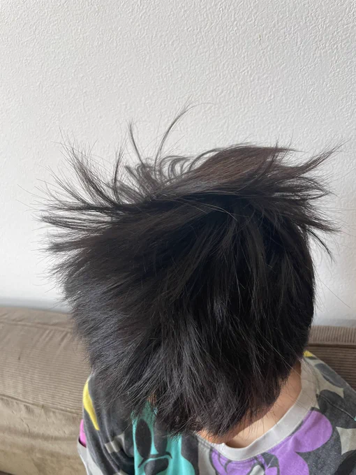 冬休みの息子、良い寝癖を作っている