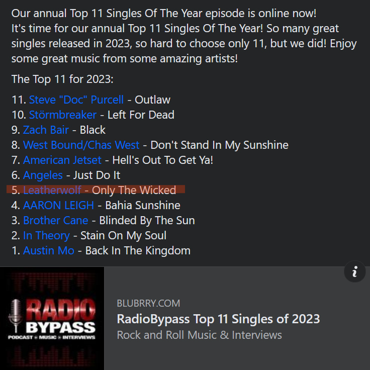 Thanks for making 'Only the Wicked' your #5 Single of the Year, @RadioBypass! 🎸🎸🎸

#tripleaxeattack #leatherwolf #killthehunted #heavymetal #hardrock #classicmetal #americanmetal #usmetal #heavymetalradio #metalradio #rockradio #topten #lametalscene #orangecounty