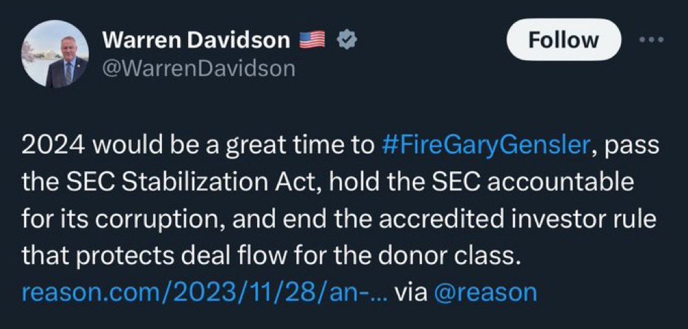 PawelSynapse's tweet photo. ๐ข Congressman Warren Davidson proposes 2024 as a great time to #FireGaryGensler SEC Chair. He advocates for passing the #SEC #StabilizationAct to address corruption and enhance #accountability within the commission
@WarrenDavidson I think you started a movement #FireGaryGensler https://t.co/2UCV5TDQRH