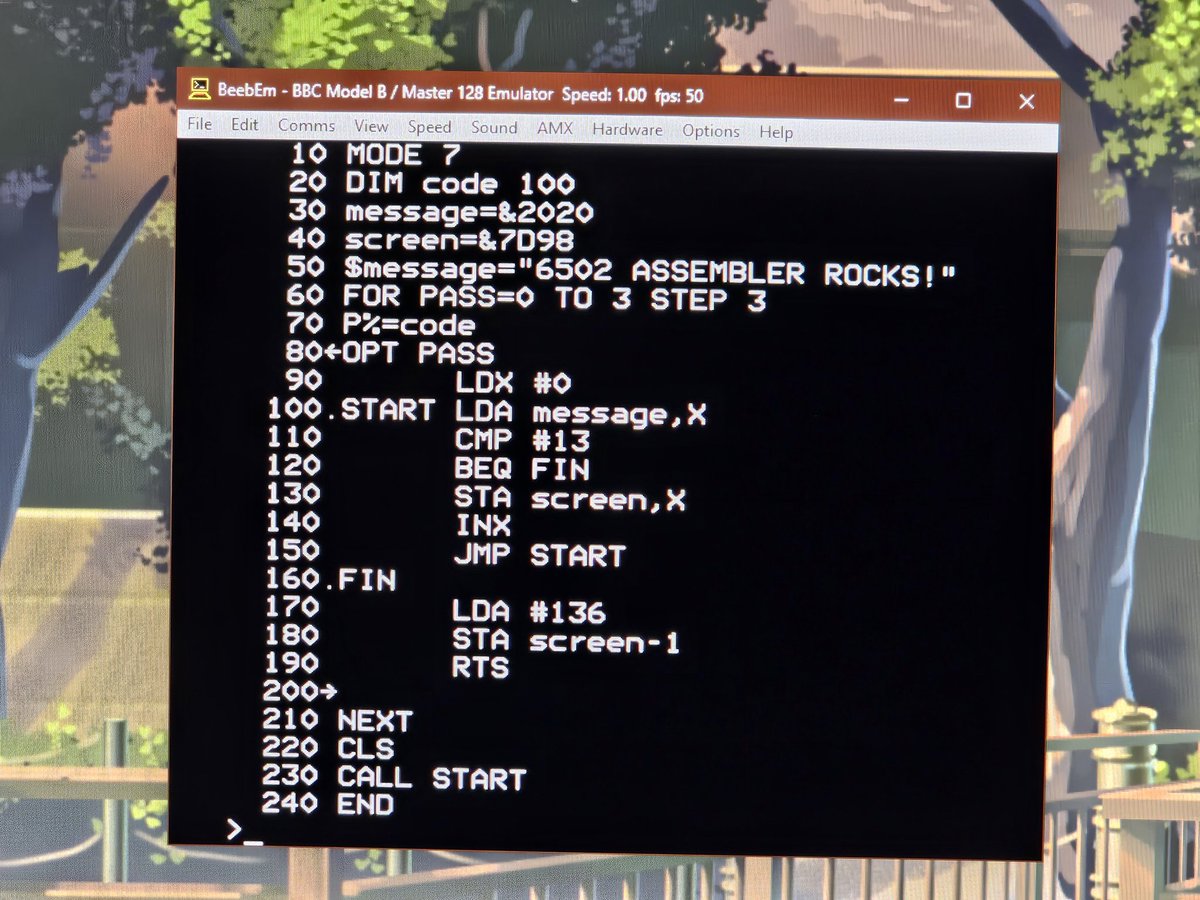 FrancisLoch's tweet photo. Still going through the exercises in my 6502 assembly language book, this time adapting an example program to print a message then make it flash. Happy to say it's gradually coming back to me. 🙂 #bbcmicro #6502assembly #retrocomputing #beebem https://t.co/1uYCEunyP7