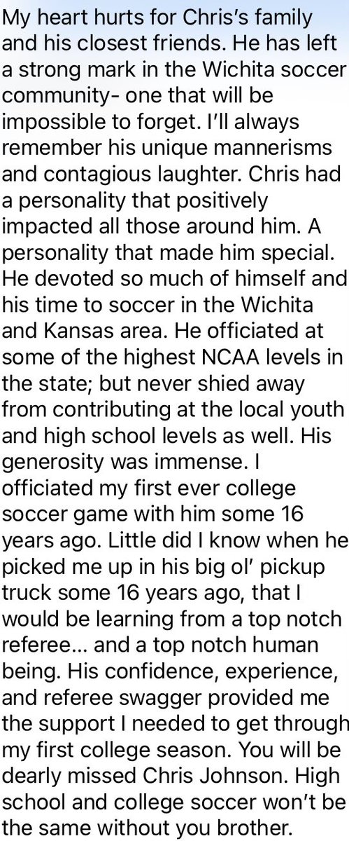 We offer our deepest condolences to the family of Chris Johnson. The Wichita soccer community hurts with you. His memory will be forever heartfelt. We’ll all miss you so very much, Chris. Thank you for all you did for the beautiful game in the Wichita community. #MaizeSouthSoccer