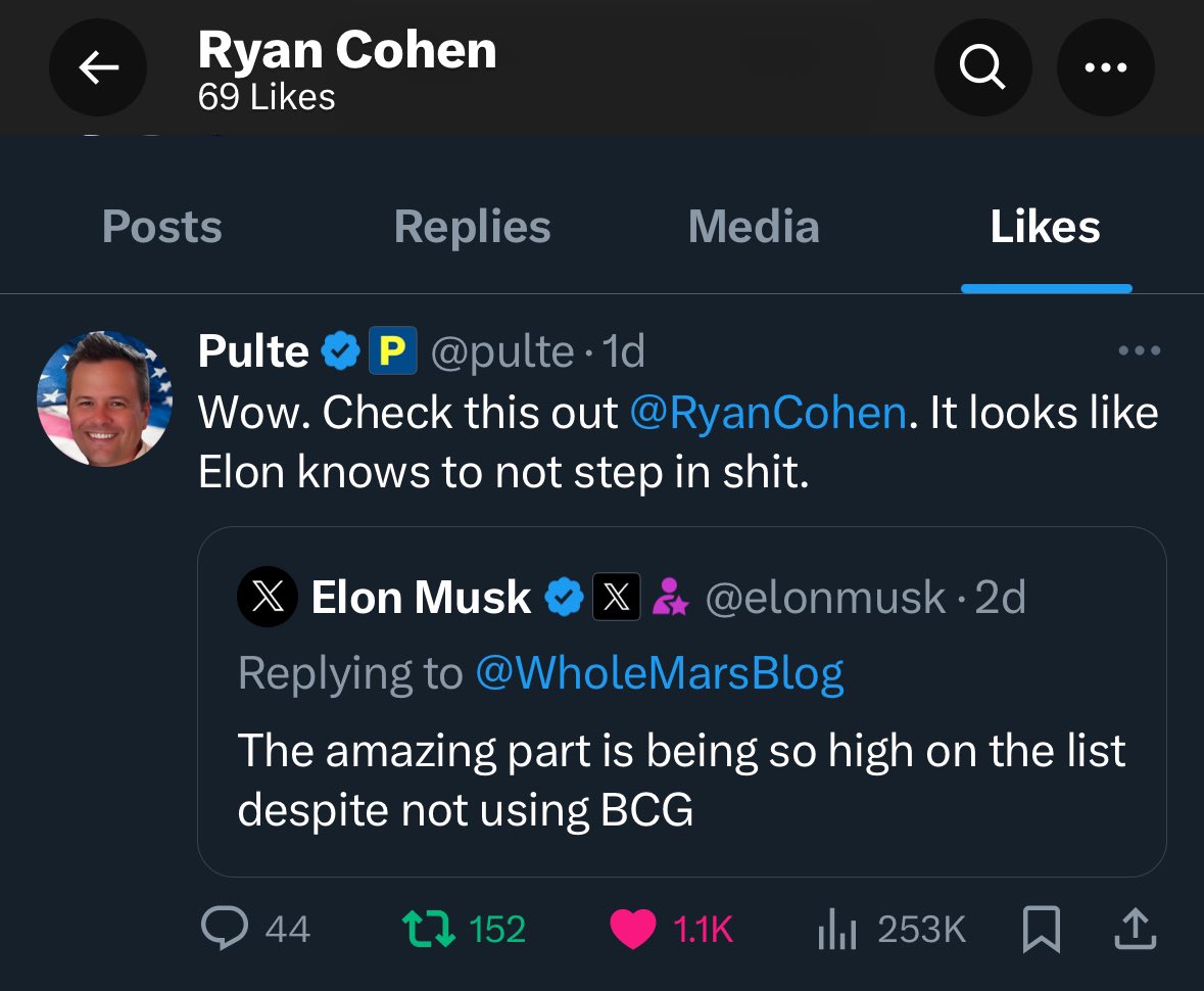 cart2b (@_alcmaeon_) on Twitter photo .<a href="/ryancohen/">Ryan Cohen</a>โs 69th like was <a href="/pulte/">Pulte</a>, again. This time, featuring <a href="/elonmusk/">Elon Musk</a> and the one & only, <a href="/BCG/">Boston Consulting Group</a> .<a href="/ryancohen/">Ryan Cohen</a>โs 69th like was <a href="/pulte/">Pulte</a>, again. This time, featuring <a href="/elonmusk/">Elon Musk</a> and the one & only, <a href="/BCG/">Boston Consulting Group</a>